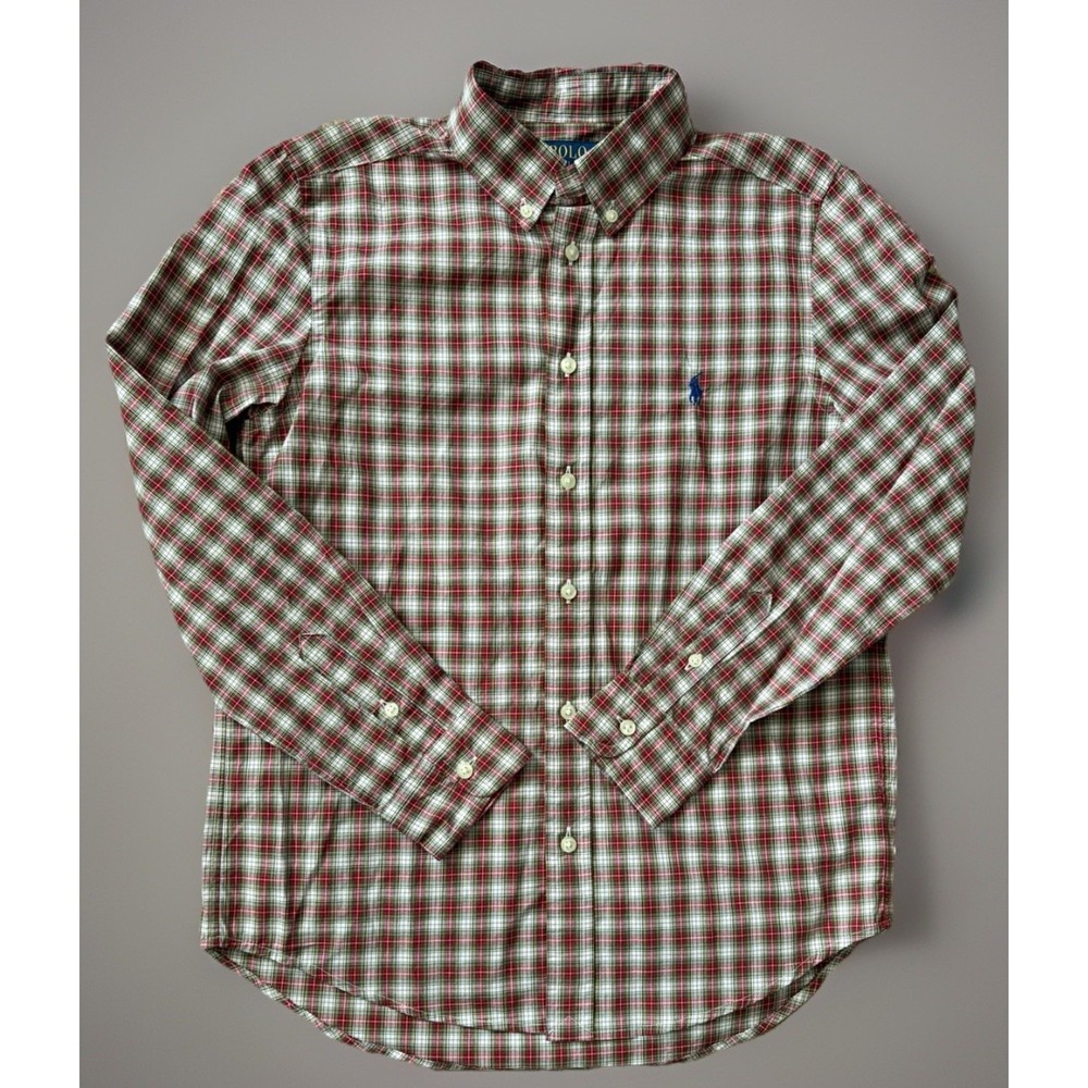 Polo Ralph Lauren Long Sleeve Button Down Shirt Logo Red Plaid Boys Large JBHS